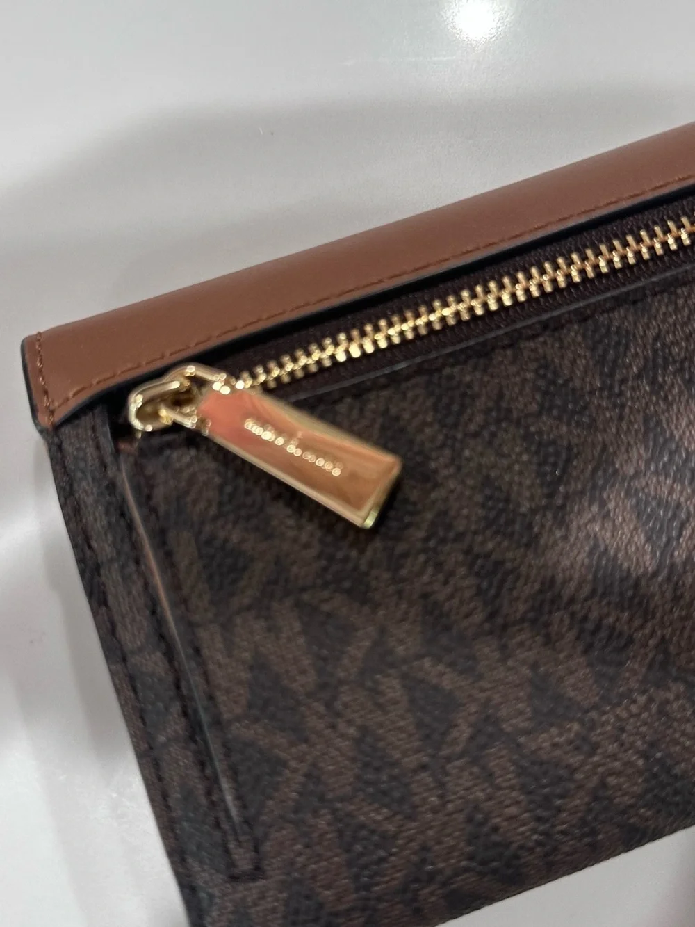 Michael Kors Cognac and Dark Brown Zip Continental Wallet with Gold Hardware